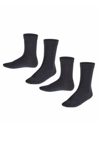 Calcetines de algodón negros con un diseño acanalado, que cuentan con un puño estrecho y una textura suave. Se exhiben cuatro pares, cada uno con un detalle de logotipo azul.