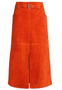 Korkeavyöhykkeinen oranssi mokkanahkainen midi-hame, jossa on edessä halkio, suuret sivutaskut ja yhteensopiva vyö, jossa on hopeinen solki.