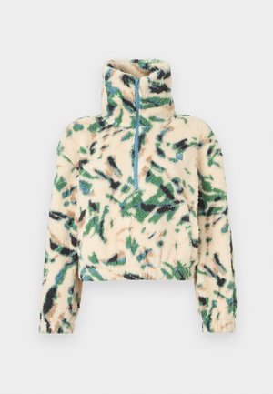 Φλις πουλόβερ με ψηλό γιακά και φερμουάρ στο μισό μήκος σε εκρού χρώμα, με πράσινα, μαύρα και καφέ αφηρημένα σχέδια. Μαλακή, υφασμένη υφή.