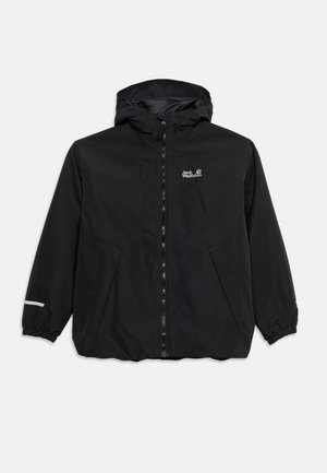 Must kapuutsiga jope esilukuga, elastsete varrukaservadega, kahe küljetaskuga ja valge Jack Wolfskin logoga rinnal.