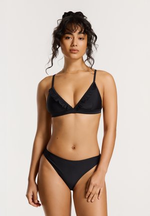Black bikini set featuring a triangle top with ruffled accents and adjustable straps, complemented by matching high-waisted bottom.