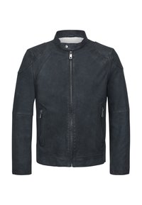 Schwarze Lederjacke mit Stehkragen, Frontreißverschluss und zwei Seitentaschen. Verfügt über eine glatte Textur und ein minimalistisches Design.