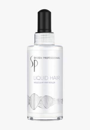 Duidelijke fles met zwarte druppeldop, gelabeld "System Professional Liquid Hair Molecular Hair Refiller" met grafiek van een DNA-streng onderaan.