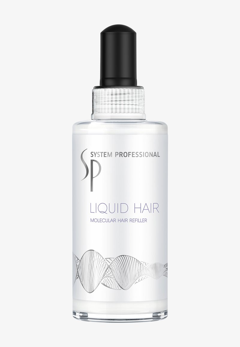Flacon transparent avec un bouchon compte-gouttes noir étiqueté "System Professional Liquid Hair Molecular Hair Refiller" avec un graphique de brin d'ADN en bas.