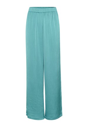 Wide-leg trousers made of lightweight, textured fabric in a soft turquoise color. Features an elastic waistband for comfort.