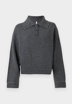 Dunkelgrauer Strickpullover mit Kragen, drei Knöpfen und gerippten Bündchen und Saum. Verfügt über eine verkürzte Silhouette und eine weiche Textur.