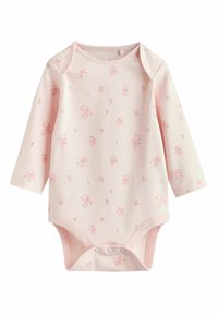 Langærmet body i blød lyserød bomuld med blomstermønster. Har trykknapper nederst og rundet krave.