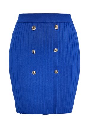 Blauwe geribde potloodrok met een tailleband, voorzien van zes verticale metalen knopen aan de voorkant. Glad textuur, knielange ontwerp.