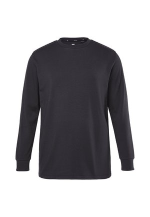Long-sleeve black shirt made of cotton, featuring a crew neck, relaxed fit, and cuffed sleeves with no patterns or visible logos.