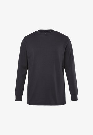 Long-sleeve black shirt made of cotton, featuring a crew neck, relaxed fit, and cuffed sleeves with no patterns or visible logos.