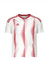 Witte sporttrui met rode zigzagpatronen, ronde hals en rode accenten op de mouwen; gemaakt van lichtgewicht, ademend materiaal.