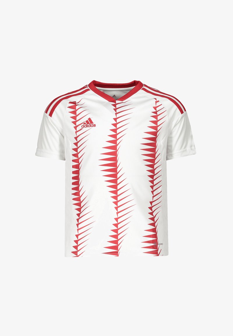 Witte sporttrui met rode zigzagpatronen, ronde hals en rode accenten op de mouwen; gemaakt van lichtgewicht, ademend materiaal.