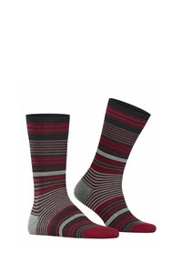 Calzini a righe che presentano una combinazione di colori nero, grigio e rosso. Texture liscia, con accenti rossi a contrasto sulla punta e sul bordo.