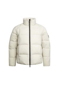 Puffjakke i lys creme med høj krave og fuld frontlynlås. Har kviltede sektioner og elastiske manchetter for varme.