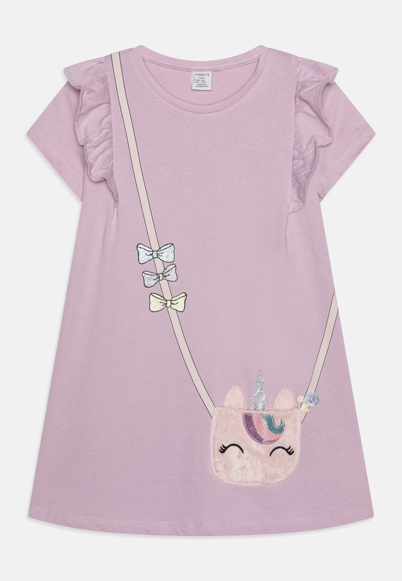 Robe lilas à manches courtes avec épaules volantées, présentant un design à bretelles croisées avec trois nœuds et un dessin d'un sac licorne souriant.