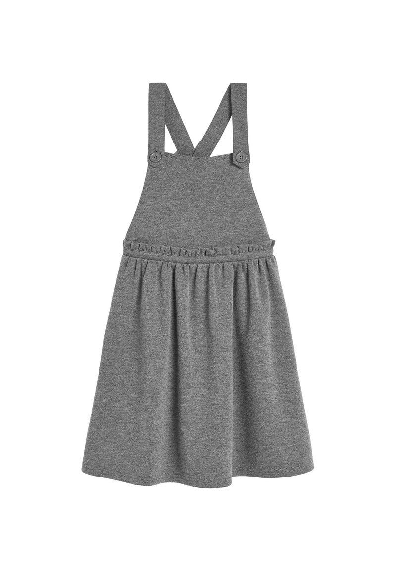 Robe en coton grise avec bretelles ajustables, détails à boutons et taille à volants. Jupe évasée avec une texture douce.