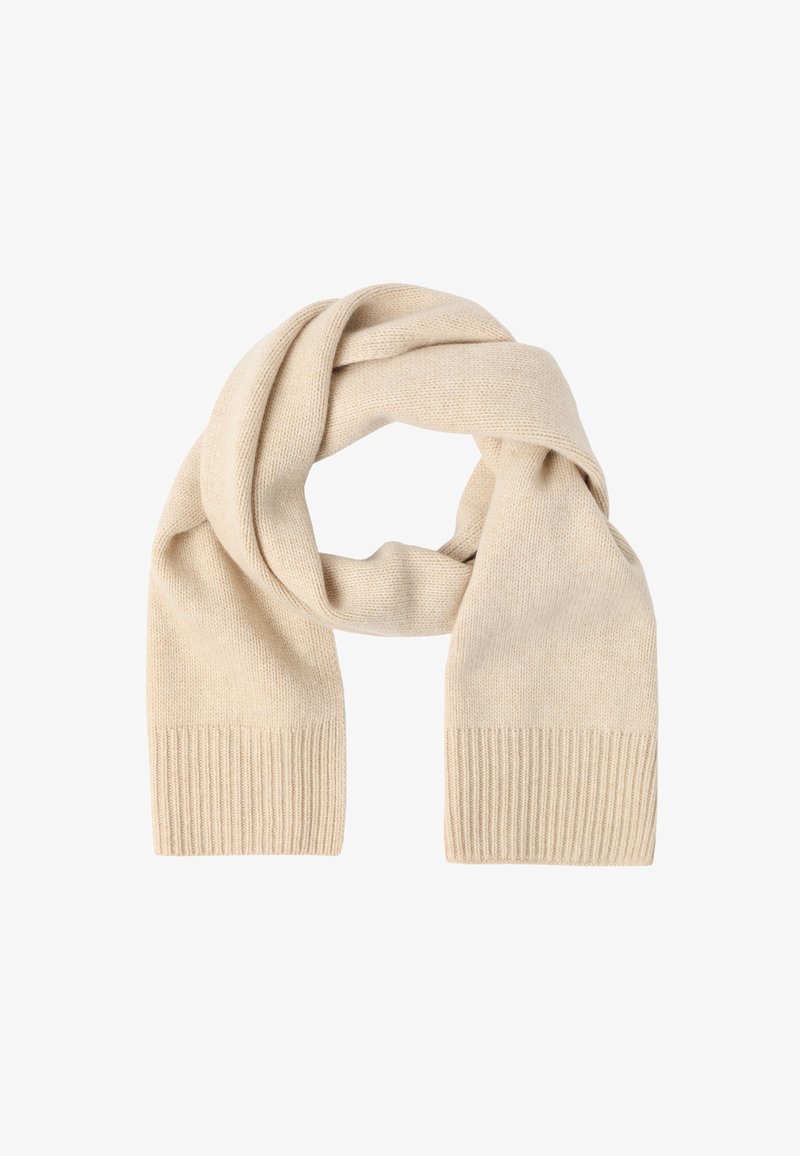 Beige gebreide sjaal met ribbelige uiteinden, met een zachte textuur en een eenvoudig, klassiek ontwerp dat geschikt is voor verschillende outfits.