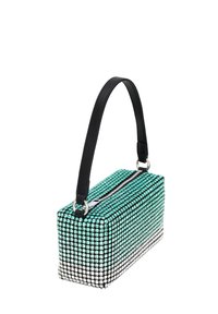 Elegante borsa a mano rettangolare scintillante con una sfumatura di strass verdi e trasparenti, manico in pelle nera e chiusura con zip.