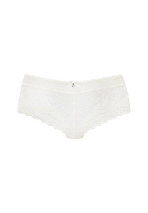White lace women's hipster panties with floral patterns, scalloped edges, and a small bow with a charm at the waistband center.