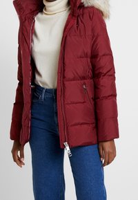 Person som bär en mörkröd vadderad jacka med pälskantad luva, beige polotröja och blå jeans, stående mot en vit bakgrund.