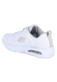 White athletic shoe featuring a breathable mesh upper, cushioned sole, and a clear air pocket. Gray accents on the logo and heel tab.