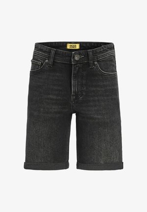 Shorts in denim nero con vestibilità classica, risvolti e tasche anteriori. Presentano una chiusura a bottoni e un'etichetta gialla del marchio sulla vita.
