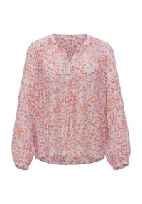 Blusa stampata in tessuto leggero. Presenta un collo a V, maniche lunghe con polsini arricciati e uno sfondo rosa con motivi astratti arancioni.
