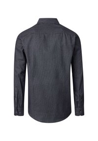 Dunkelblaues Hemd mit langen Ärmeln, das ein kleines, dezentes Karomuster aufweist. Weicher Stoff, klassischer Kragen und abgerundeter Saum.