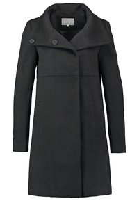 Long manteau en laine noire avec large col, deux boutons d'un côté près du cou et poches latérales, vue de face.