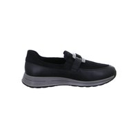 Black slip-on loafer with gray cushioned sole and decorative strap across the top, designed for casual or business casual wear.