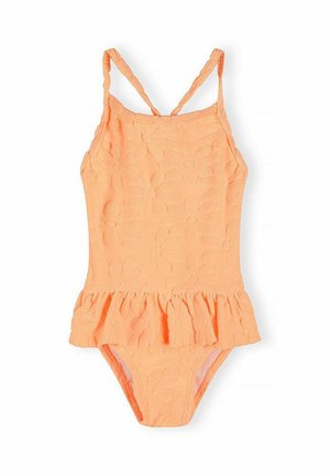 Koralowy jednoczęściowy strój kąpielowy w kolorze pomarańczowym z kwiatowym, fakturowanym wzorem, cienkimi ramiączkami i falbaną w talii.