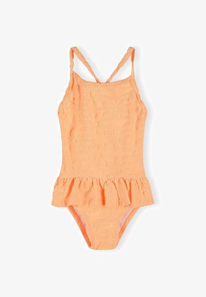Maillot de bain une pièce orange corail avec motif floral texturé, fines bretelles et détail de jupe volantée à la taille.