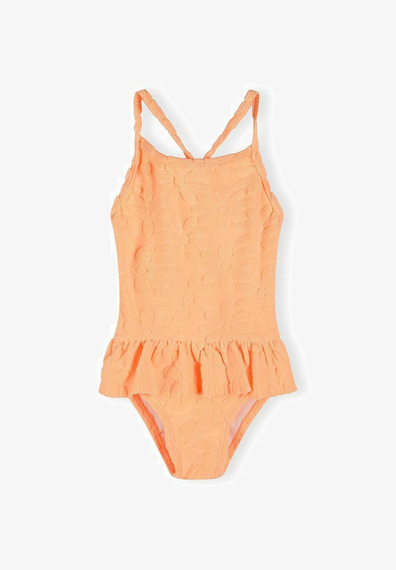 Maillot de bain une pièce orange corail avec motif floral texturé, fines bretelles et détail de jupe volantée à la taille.