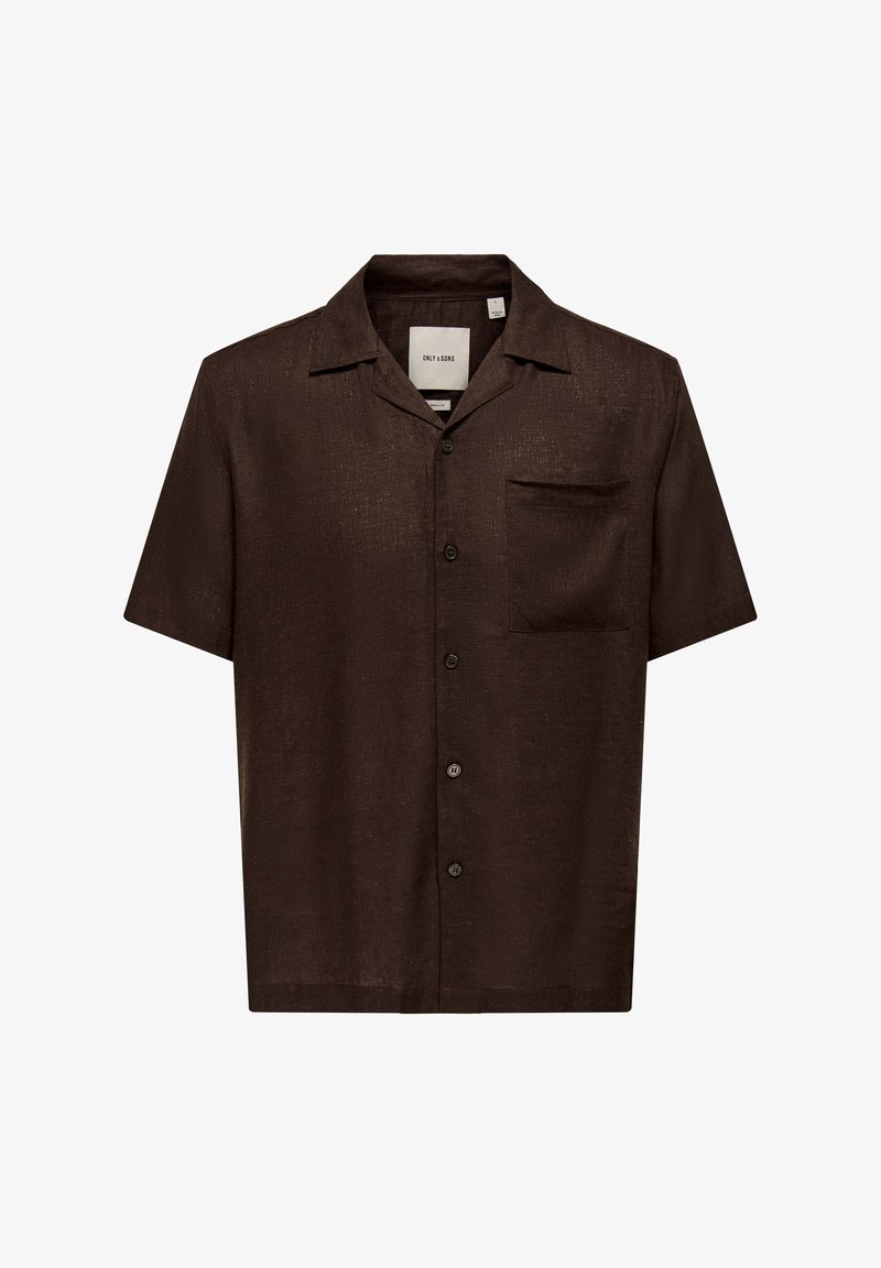 Chemise marron à manches courtes avec boutons, col style camp et une poche poitrine, confectionnée dans un tissu texturé.