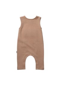 Beige ärmelloser Overall aus Rippstoff, mit einem Rundhalsausschnitt, Druckknöpfen am Boden und Beinausschnitten für ein einfaches Ankleiden.
