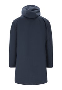 Parka de color azul oscuro con capucha, mangas largas y corte recto. Textura suave sin patrones o acentos visibles.