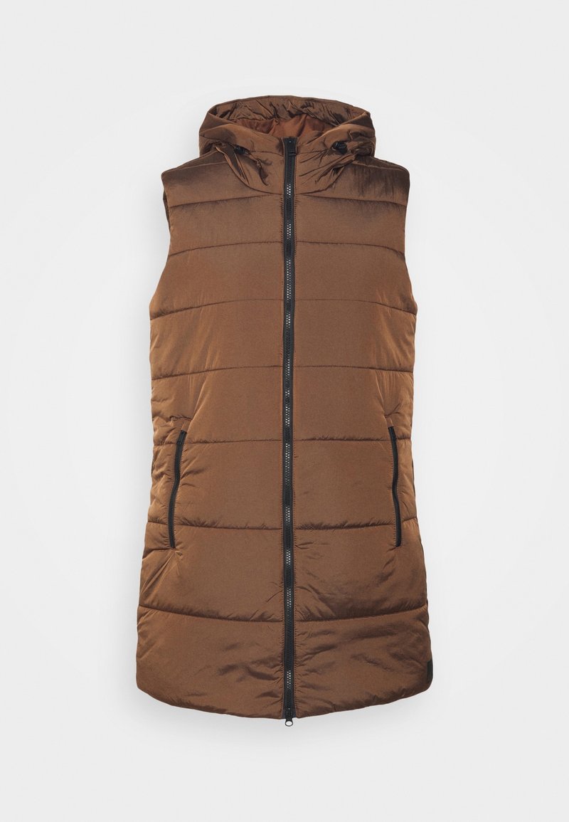 Gilet matelassé sans manches marron avec capuche, fermeture éclair à l'avant et deux poches latérales zippées, présenté sur un fond blanc uni.
