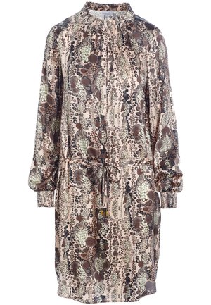 Sukienka z długim rękawem do kolan, z abstrakcyjnym brązowo-beżowym wzorem węża, marszczonym dekoltem, elastycznymi mankietami i paskiem w talii.