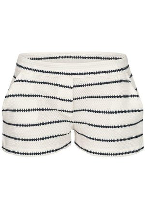 Shorts en tissu blanc texturé avec des rayures noires horizontales et des poches latérales, vue de face.