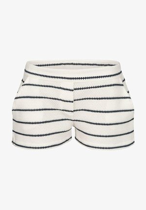 Hvide teksturerede shorts med vandrette sorte striber og sidelommer, forfra.