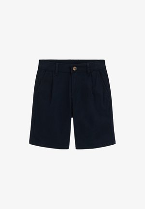 Pantaloni scurți din bumbac albastru închis, cu închidere cu nasture, față pliată, două buzunare laterale și croială cu picior drept. Textură fină și detalii minime.