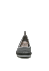 Gray slip-on shoe made of mesh fabric with a textured design, rounded toe, and a low rubber sole. Features a pull tab at the heel.