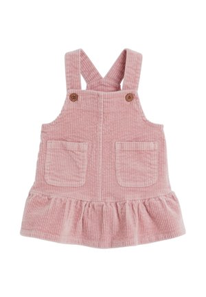 Robe pour tout-petit en velours côtelé rose avec bretelles boutonnées, deux poches avant et un ourlet à volants, présentée sur un fond blanc.