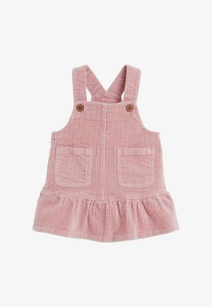 Rosa Cordkleid für Kleinkinder mit geknöpften Trägern, zwei Vordertaschen und einem gerafften Saum, auf weißem Hintergrund gezeigt.