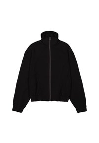 Schwarze Zip-Jacke mit hohem Kragen, Raglanärmeln und gerafften Bündchen. Aus weichem Material gefertigt, zeichnet sie sich durch ein schlichtes Design ohne Muster aus.