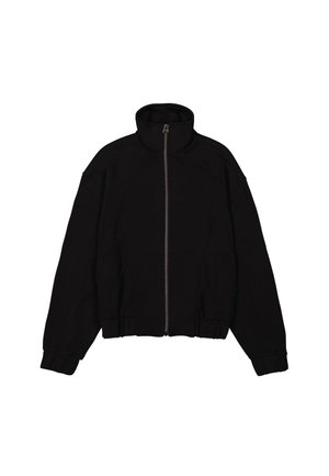 Veste zippée noire avec un col montant, des manches raglan et des poignets froncés. Fabriquée en matériau doux, elle présente un design simple sans motifs.