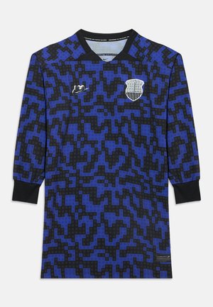 Langærmet fodboldtrøje med blå og sort pixelmønster, sort krave og manchetter, Nike-logo og holdets emblem på brystet.