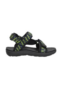 Zwarte sandalen met geweven banden en groene accenten, verstelbare sluitingen en een gestructureerde zwarte zool voor grip. Lichtgewicht en casual ontwerp.