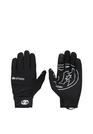 Ein Paar schwarze DC Shoes Handschuhe, einer zeigt die Rückseite mit Logo, der andere die Handfläche mit weißem Grafikdesign und Grip-Material.