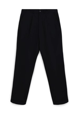 Pantaloni neri con vestibilità su misura, due pieghe frontali e orli con risvolto. Realizzati in un tessuto morbido, dotati di tasche laterali e chiusura con bottone.